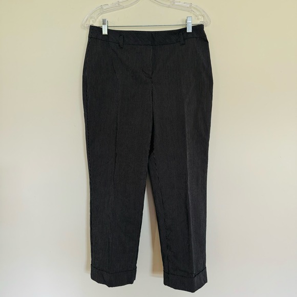 Ann Taylor LOFT Pinstripe Julie Cotton Cuffed Ankle Black Career Trouser Pants 4 - Picture 1 of 9